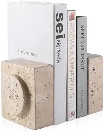 Koville Marble Square Book Ends, Heavy Duty Book Holders, Bookends for Shelves, Office Bookshelf Decor for CDs/Video Games(Travertino Romano)