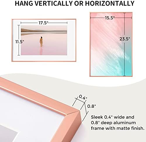 16x24 Metal Picture Frame with 12x18 Mat, Brushed Aluminum Finish, Tempered Glass Front, and Attached Hanging Hardware - Wall Display Frames for Vertical or Horizontal Orientation (Rose Gold, Pack of 1)