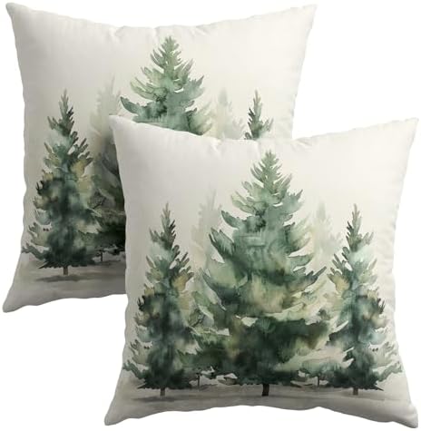 Watercolor Green Tree Throw Pillow Covers 18x18 Inch Set of 2 Green Christmas Tree Decorative Pillowcase Winter Nature Trees Holiday Cotton Linen Cushion Cover for Home Sofa Living Room Patio