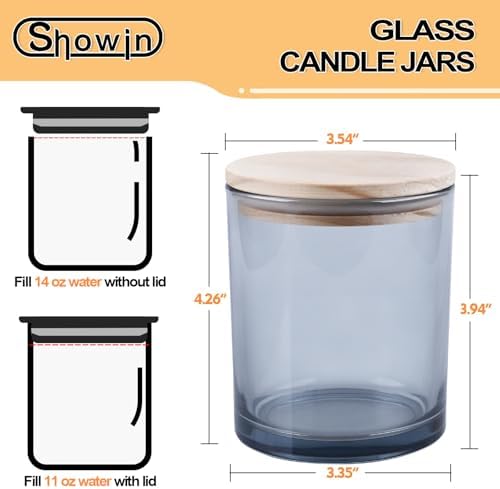 SHOWIN 14 OZ Thick Candle Jars for Making Candles 12 Pcs, 3 Wick Empty Jars with Wood Lids for Candle Making, Sample Container,Clear Grey