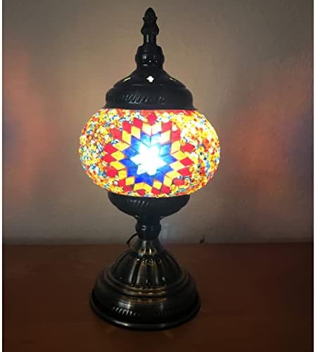 SILVERFEVER Handcrafted Mosaic Turkish Lamp Moroccan Glass Table Desk Bedside Light Bronze Base with E12 Bulb (Starburst Dark)