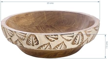 Natural Wooden Tray, Serving Bowl for Salad, Veggies and Fruits, Large Deep Tray for Family, Party (Bowl with Leaf Carving)