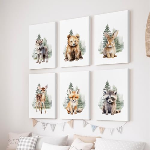 Woodland Animal Nursery Wall Art Decor Set of 6 Baby Boys Room Wall Art Forest Animal Canvas Wall Decor Kids Art Prints Watercolor Bear Deer Fox Pictures Artwork for Bedroom 8x10 Inch Framed