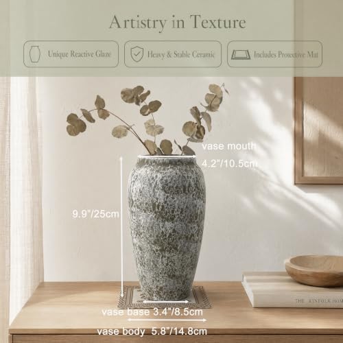 AOZITA Ceramic Flower Vase, 9.3" Tall Rustic Farmhouse Vase with Textured Finish, Slim Vintage Home Decor for Living Room, Kitchen, Bedroom & Office, Antique