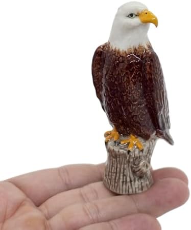 WitnyStore Tiny 3½" Bald Eagle Bird On Stump Figurine - Miniature Hand Made Ceramic Birds of Prey Colorful Porcelain Feathered Animal Cute Decorative Figures Collectible Figurines Décor Gifts