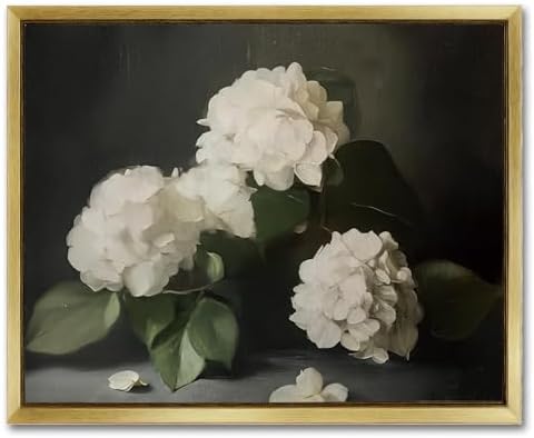 AIMAILON Gold Framed,White Hydrangea Blooming Retro Bohemian Style 8x10 | classic plant aesthetics, desktop decoration, easy to hang, versatile style