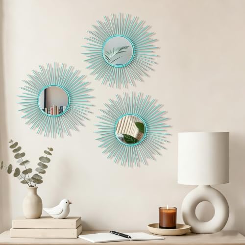 3 Pack Metal Mirrors for Wall Sunburst Wall Mirrors Home Décor Decorative Hanging Wall Art for Living Room Bedroom Entryway (Greenish Blue, Sunburst)