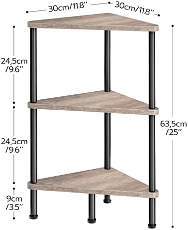 HOOBRO Corner Shelf Stand, Industrial 3-Tier Wall Corner Bookshelf with Metal Frame, Plant Display Shelf, Bookcase for Small Spaces, Living Room, Greige and Black BG30CJ01