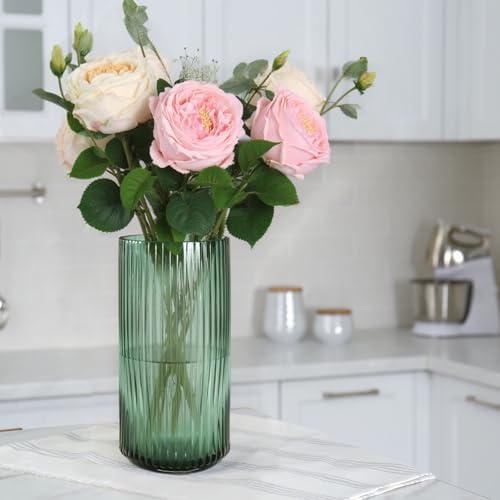 8 Inch Tall Emerald Green Glass Vases for Flowers-Vintage Decorative Ribbed Glass Cylinder Vase for Table, Countertops, Shelves, Flower Vase for Home Decor, Wedding Centerpieces, Kitchen