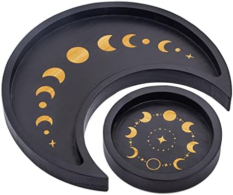Mooncraftlogy Crescent Moon Tray Crystal Holder Set, Wooden Tray for Stones