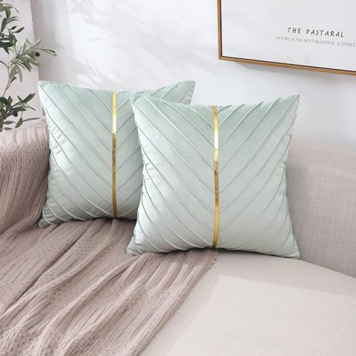 Velvet Throw Pillow Covers 22x22 Pack of 2 Gold Decor Mint Green