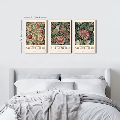 Vintage William Morris Wall Art Natural Peony Flowers Canvas Painting for Living Room Abstract Bird Wildflower Paintings Picture Wall Decor Colorful Floral Poster Prints for Bedroom Decor 16x24 3Pcs