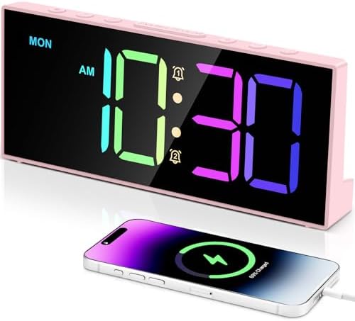 Digital Alarm Clocks,Large Big Numbers Cute clocks for Bedrooms,college dormitories,Teens,Modern Décor Plug in Clock with USB Charger Port Adjustable 3-Levels volume,5 Dimmers,Battery Backup (Pink)