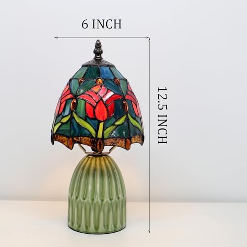 Tiffany Stained Glass Mushroom Table Lamp 12.5 Inch -Blue Red Tulips