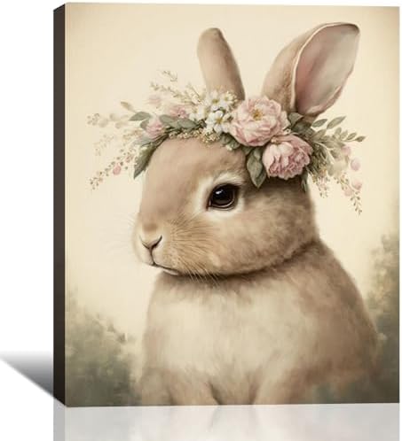 Framed Easter Bunny Rabbit Wall Art 16x24 In, Vintage Wrapped Canvas Poster Prints Wall Decor Rustic Artwork Painting for Bedroom, Living Room,Bathroom Holiday Home Decoration