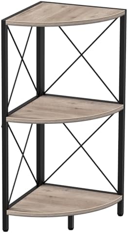 Snughome Corner Shelf for Desktop, 3-Tier Corner Storage Organizer with Metal Frame, Freestanding Corner Shelf Stand Display Rack for Kitchen Counter, Living Room, Grey