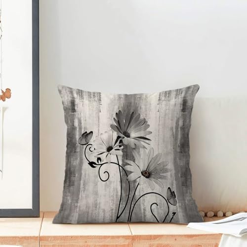 Black Floral Pillow Covers 18 x 18 Inch Set of 2 Daisy Floral Butterfly Decorative Throw Pillow Covers Linen Rustic Farmhouse Cushion Cases for Home Sofa Couch Living Room Decor