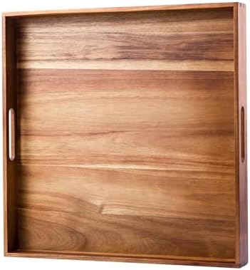 Serving Tray with Handles, 20 Inch Large Square Ottoman Tray Acacia Wood Decorative Tray for Living Room, Ottoman Coffee Table, Kitchen, Appetizers, Breakfast, Patio, Party