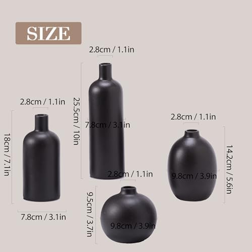 Black Ceramic Vase Set of 4, Classic Matte Small Vases Home Decorations for Table Shelf Office Centerpieces Decor