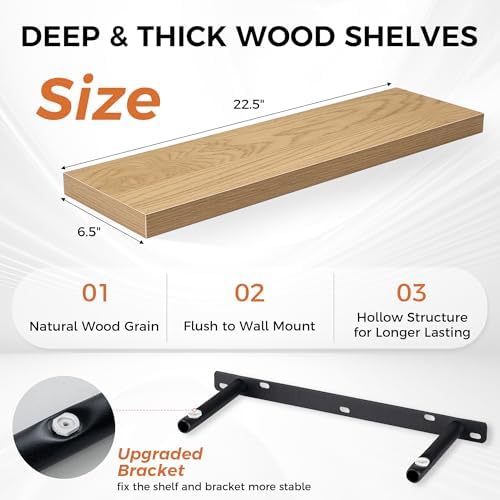 22.5 Inch Floating Shelves for Wall, Rustic Wood Wall Mounted Deep Storage Shelves with Invisible Brackets, Large Decorative Display Ledge for Living Room Bathroom and Kitchen, Set of 2, Oak
