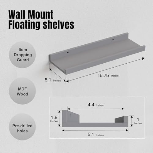 RICHER HOUSE 5-Set Floating Shelves with Lip, Grey Wall Mounted Wood Shelf