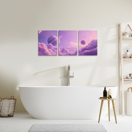 Feelyou Purple Galaxy 3 Piece Canvas Wall Art for Living Room Bedroom Starry Solar System Wall Art for Home Decor 3D Printed Space Office Decor Artwork Dreamy Nebula Picture Painting Posters