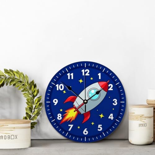 ArogGeld Kids Room Wall Clock Colourful Rocket Ship Outer Space Wood Clock