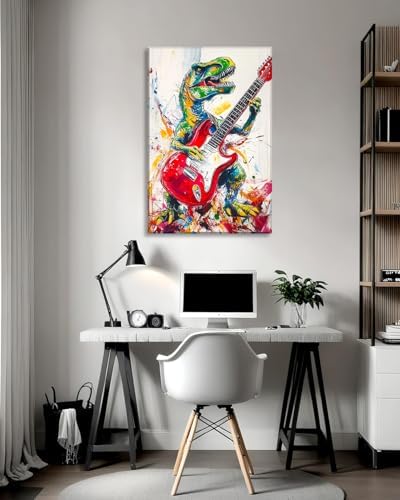 Dinosaur Canvas Wall Art Graffiti Wall Decor Framed Funny Dinosaur Play the Guitar Picture Modern Pop Painting Prints for Living Room Bedroom Home Office Ready to Hang - 20.00"x30.00"