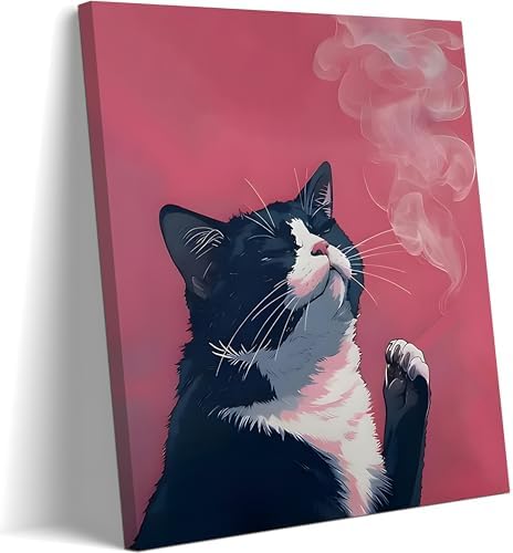 Framed Funny Black Cat Wall Art Canvas Print, pink Cool Cat Illustration Poster Wall Decor, Quirky Modern Cat Artwork for Living Room Bedroom Bathroom Kitchen Decor 12x16 Inch