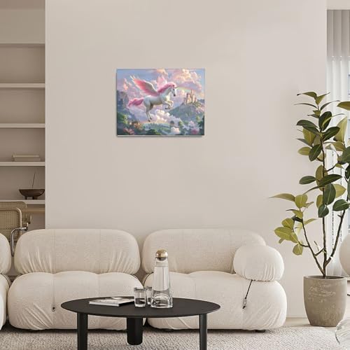 Crekviy Pink Unicorn Wall Art Fantasy Unicorn Bedroom Decor for Girls Magical Canvas Prints Painting Pictures Artwork Decorations for Nursery Room Bathroom Framed Kids Gifts 20"x24"