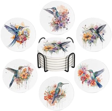 Drink Coasters for Drinks Set of 6, Watercolor Hummingbird Absorbent Round Ceramic Stone Mat, with Cork Base and Metal Holder, Home Bar Decor House Warming Gift