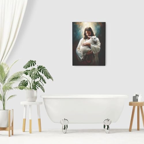 Jesus and Lamb Wall Decor Pictures Jesus with Lamb Wall Art Religious Christian Canvas Prints Painting God Faith Artwork Decoration for Bathroom Bedroom Living Room Framed Gifts 20"x24"