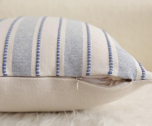 Cethom Decorative Boho Throw Pillow Covers, Farmhouse Textured Pillow Case, 22 x 22 Inch Set of 2, Chair Sofa Bedroom Living Room Home Decor Couch Cushion Case, Classic Blue and Beige Striped