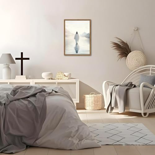 Jesus Walking on Water Wall Art White Jesus Wall Decor Christian Faith Painting 3D Textured Hand Drawn Sandstone Artwork for Living Prayer Room Bedroom 24x36 inch Wood Framed