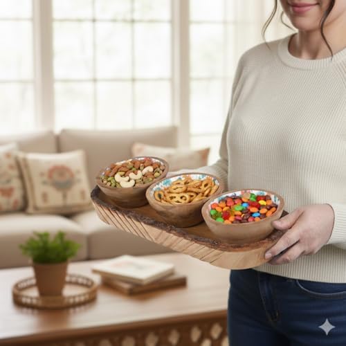 Natural Wooden trays, Serving Bowl for Salad, Veggies and Fruits, Large Deep for Family, Party (Tray - Set of 3 bowl)
