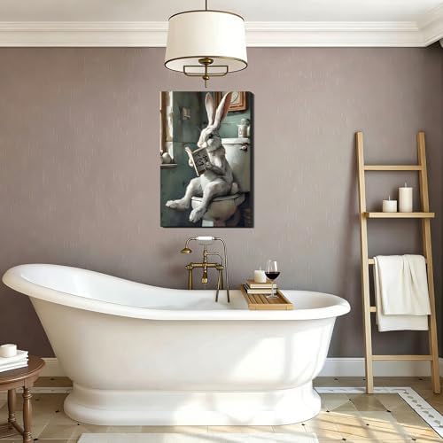 Large Whimsical Easter Bunny Reading on Toilet Canvas Art, Framed Rabbit Wall Decor for Bathroom, Retro Easter Paintings Prints Pictures for Home Wall Decoration, 20x30 In