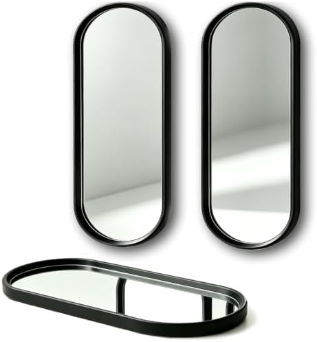 3 pcs Wall Mirrors and Tray Décor Set, Cute Vanity Mirrors with Black Frame, Bathroom Decor for Bedroom, Entryway, Living Room Farmhouse Decor (12”x4,7”)