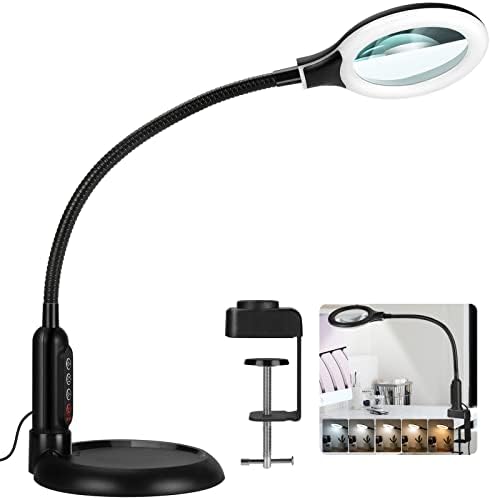 12X Magnifying Glass with Light and Clamp, 5 Color Modes Stepless Dimmable Lighted Magnifier with Stand, Flexible Gooseneck LED Desk Lamp Hands Free for Craft Reading Painting Hobby Close Work