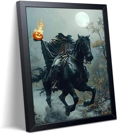 Framed Headless Horseman Halloween Wall Art, Gothic Horror Canvas Poster Print Picture, Spooky Pumpkin Rider Dark Academia Wall Decor Painting for Living Room Bedroom Bathroom Halloween Home Decor 16x24 Inch