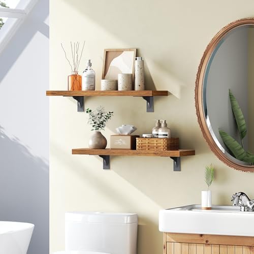 HOOBRO Floating Shelves for Wall, 15.7" Wall Mounted Shelves Set of 2, Hanging Storage Shelf with Metal Brackets, Wooden Shelf for Living Room, Bedroom, Bathroom, Rustic Brown and Black BF42BJP201G1