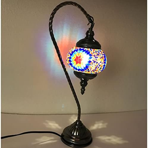 SILVERFEVER Handcrafted Mosaic Turkish Lamp Moroccan Glass Table Desk Bedside Light Bronze Base with E12 Bulb (Red Yellow Starburst Latter)