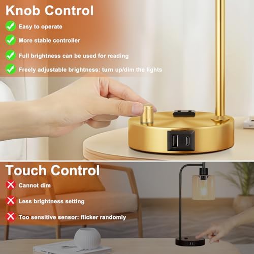 Innqoo Industrial Table Lamps for Bedroom Set of 2 - Fully Dimmable Bedside Lamps with USB Ports and Outlet, Gold Nightstand Lamps with Opal Glass Shade for Living Room, Desk Lamps for Office Reading