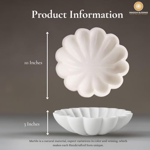 HandCrafted Marble Decorative Bowl | White Ruffle Scalloped Fluted Key/Fruit Ring Dish | Organic Modern Home Decor (10 Inches)