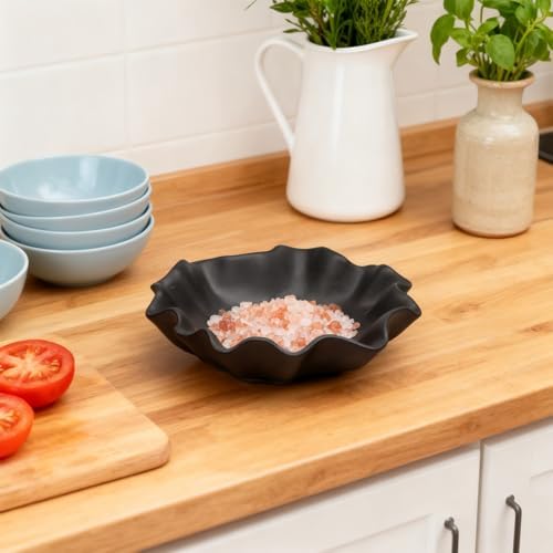 Small Black Ceramic Decorative Bowl, Modern Home Decor Centerpiece 7.8 Inches Key Jewelry Ruffle Fluted Scalloped Bowl with Wavy Edge