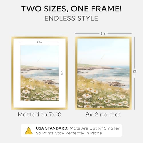 Homeforia 9x12 Gold Picture Frame, High-End Metal, 7x10 Mat, Glass