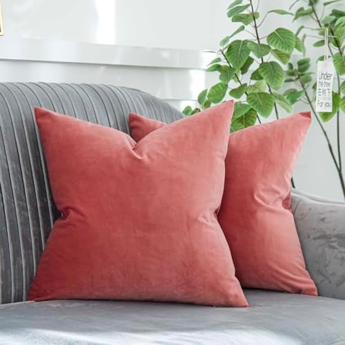 Coral Decorative Velvet Throw Pillow Covers 14x14 inch Set of 2 with Zipper Luxury Soft Solid Square Cushion Covers Case for Sofa Couch Bed Living Room