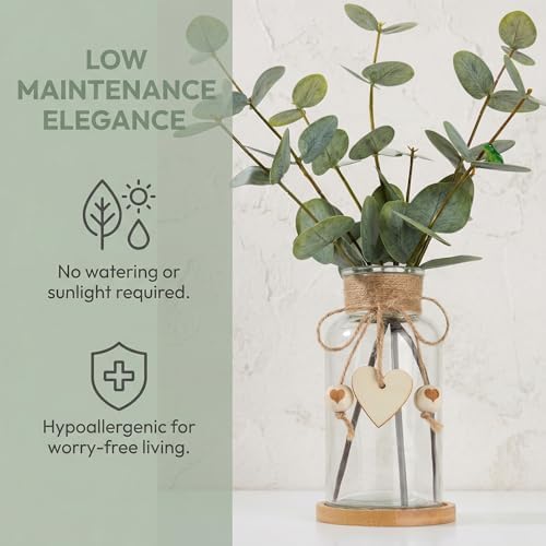 Artificial Eucalyptus Greenery Stems in Glass Vase,15" Doule Side 3D Fake Plants Eucalyptus Leaves faux Greenery for Centerpiece Table Decorations Home Room Decor office Desk Green Decor (Clear)