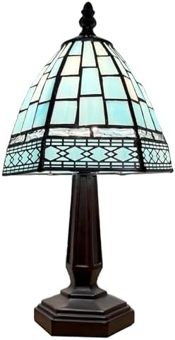 Small Tiffany Style Table Lamp,3 Color Temperature Grid Blue Stained Glass Table Lamps,Bedside Nightstand Night Light for Bedroom,Living Room, Dining Room W/LED Bulb,6X6X13Inch