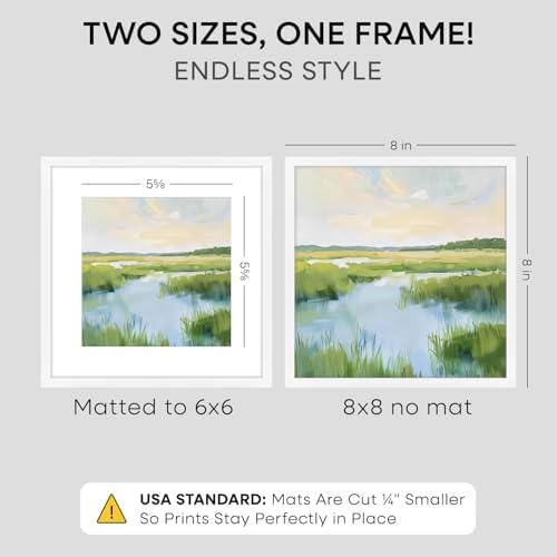 Homeforia 8x8 White Picture Frame, High-End Metal, 6x6 Mat, Glass