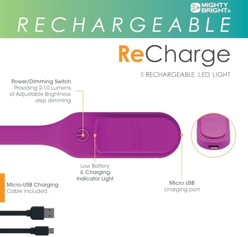 The Original Mighty Bright Recharge Clip On Rechargeable Book Light Reading Light, Warm Eye Care LEDs, Flexible, Durable, Dimmable, Perfect for Kids, Bookworms, Reading in Bed, Lasts 60 Hours (Purple)